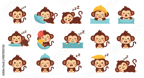 Cute Monkey Sleeping in Different Poses Set