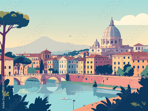 A stylized travel poster illustration of St. Peter's Basilica and the Ponte Sant'Angelo bridge overlooking the Tiber River in Rome, Italy, during a sunny day.