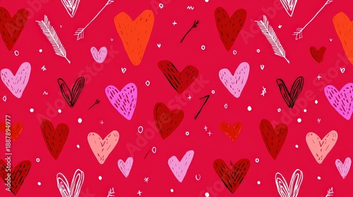 Red and Pink Hand Drawn Hearts Pattern Background with Arrows