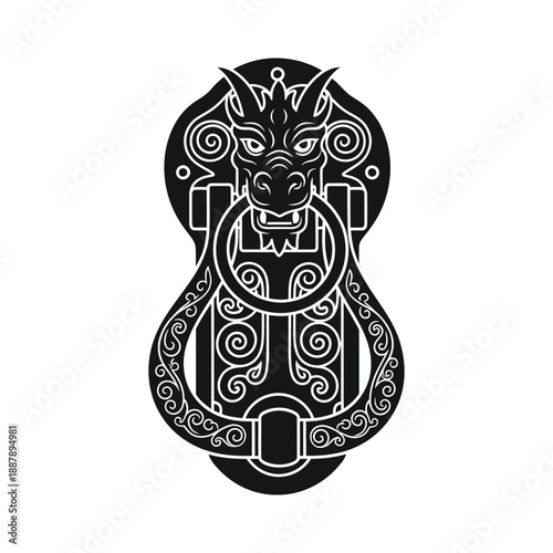 Ornate Dragon Head Door Knocker Black Silhouette Vector Design