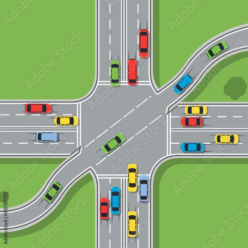 Aerial View of Busy Traffic Intersection with Cars and Roads