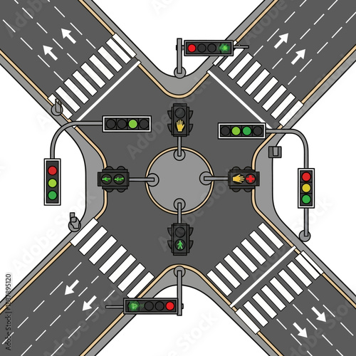 Modern roundabout intersection with traffic lights and crosswalks, top view
