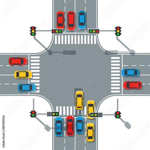 Busy City Intersection with Traffic Lights and Cars