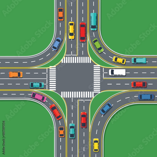 Aerial View of Busy Crossroads Intersection with Traffic
