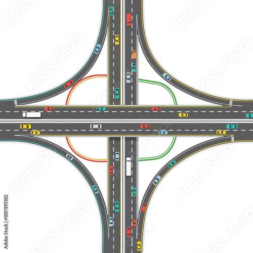 Aerial View of Highway Interchange with Cars and Trucks
