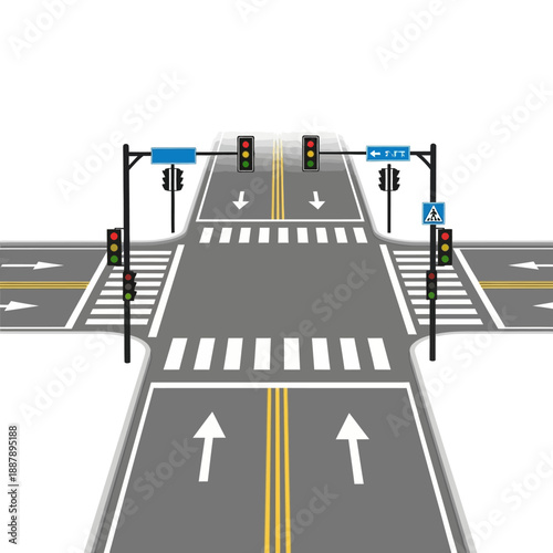Complex intersection with traffic lights, pedestrian crossing, and road signs