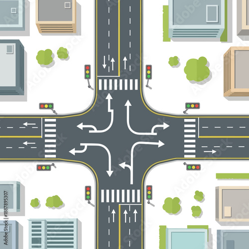 Aerial View of Busy Urban Intersection with Traffic Lights and Buildings
