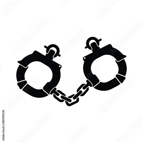 Black Handcuffs Silhouette Icon with Chain on White Background