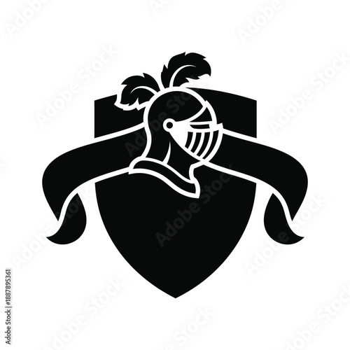 Monochrome Heraldic Knight Helmet Shield Logo Design with Banner