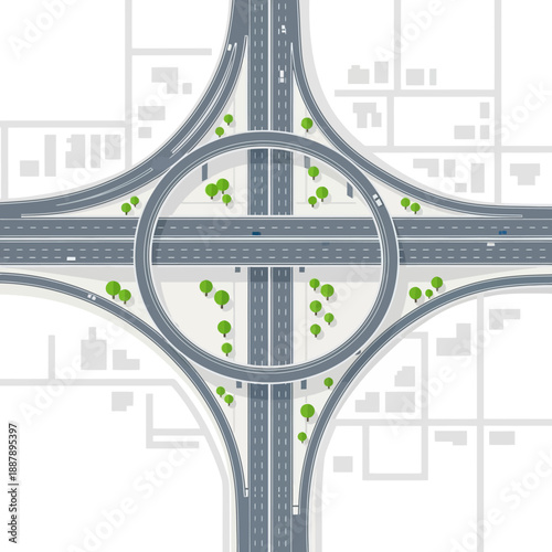 Modern highway interchange with cloverleaf and traffic, aerial view, urban infrastructure