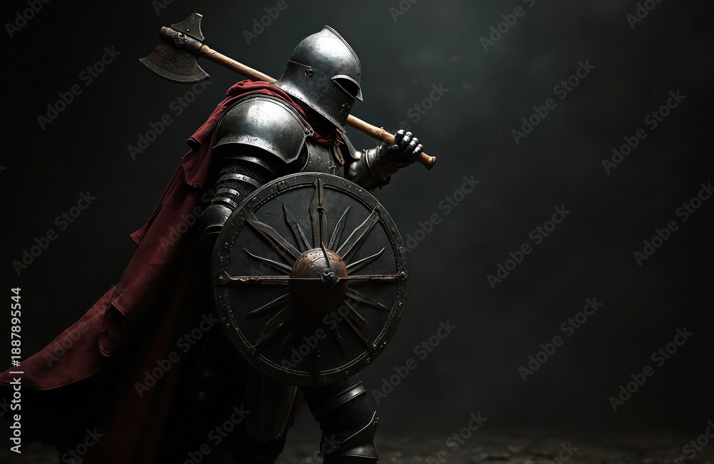 Fototapeta premium Knight in metal armor holds axe on shoulder, carries round shield. Warrior in profile, red cape, ready for battle. Dark background, dramatic lighting on armed soldier.