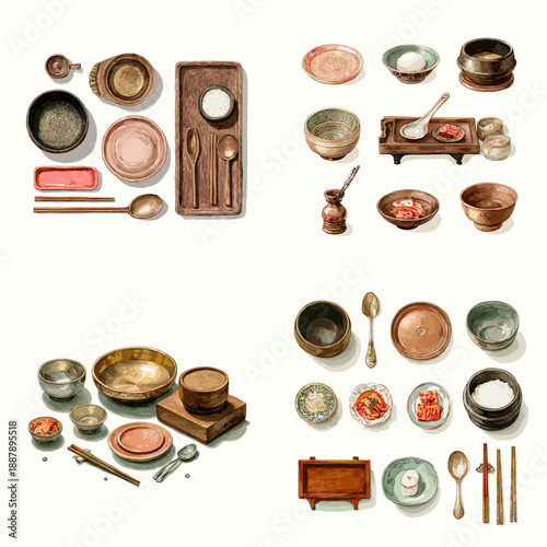 Illustrated kitchenware set with plates bowls cups utensils trays and wooden storage boxes in cozy rustic style isolated on white background.