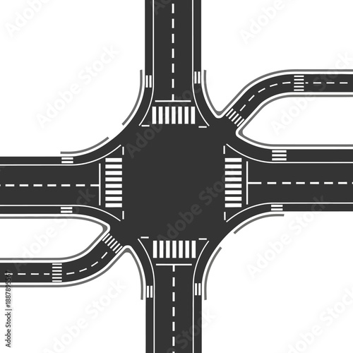 Aerial View of a Complex Road Intersection with Pedestrian Crossings