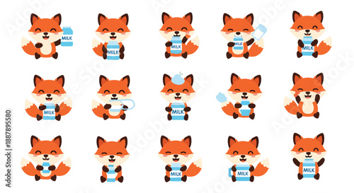 Cute Fox Characters Holding Milk Cartons