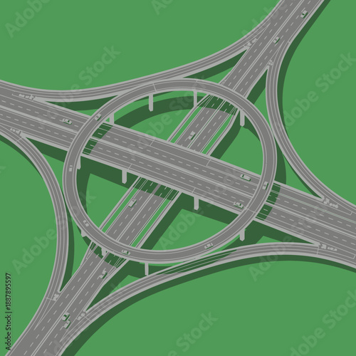 Aerial View of Highway Interchange with Circular Overpass and Cars