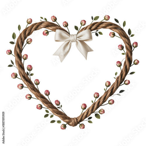 A heart-shaped wreath made of rope and pink roses with a white bow