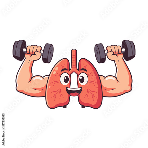 Strong Lungs Cartoon Character with Dumbbells for Respiratory Health.