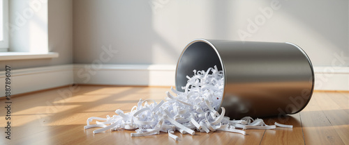 Shredded paper spilling from metal bin onto hardwood floor indoors  