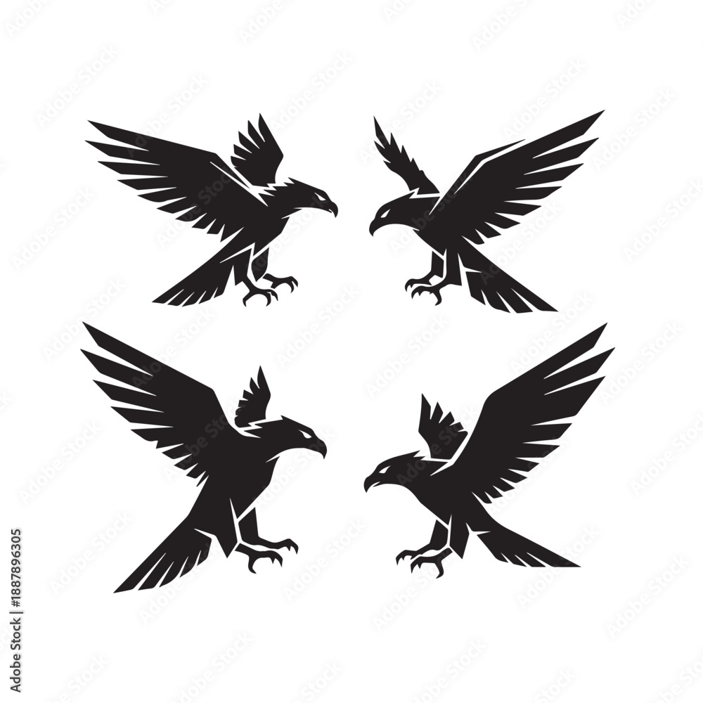 Fototapeta premium Geometric Eagle Silhouette Vector Set Black and WhiteEagle Polygonal Silhouette Minimal Vector IllustrationEagle Black White Geometric Bird Silhouette Collection