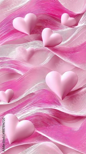 Pink 3D Hearts on Abstract Wavy Background
