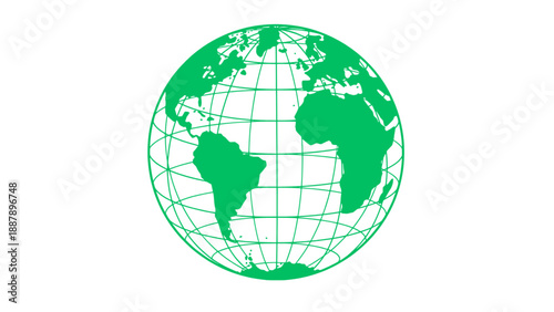 Wireframe globe illustration in green color representing global network, international communication, technology, and world connectivity.
