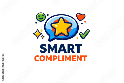Smart compliment icon with star, heart, check mark, and smile emoji