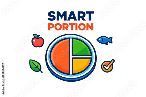 Smart portion control chart with fruit, fish, leaf, and checkmark symbol