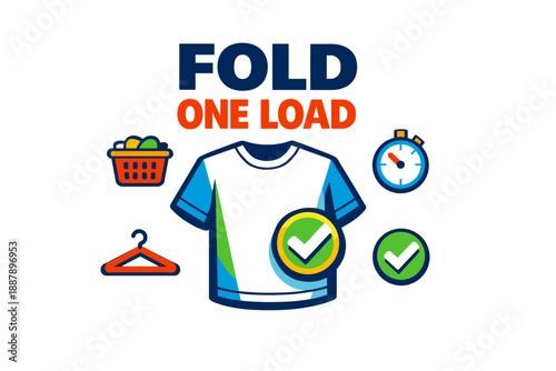 Laundry task icons: t-shirt, basket, hanger, stopwatch, checkmark