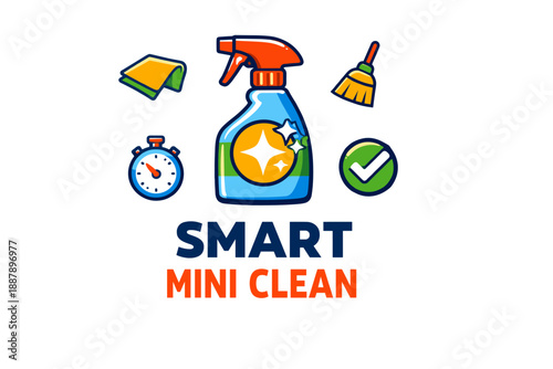 Smart mini clean: efficient cleaning solution with spray bottle, stopwatch, and broom icons
