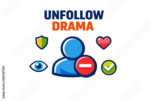 Unfollow drama concept with icons for social media detox and mindfulness