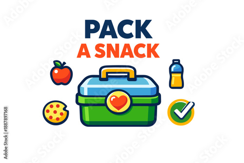 Colorful lunchbox with heart and snacks: apple, cookie, bottle