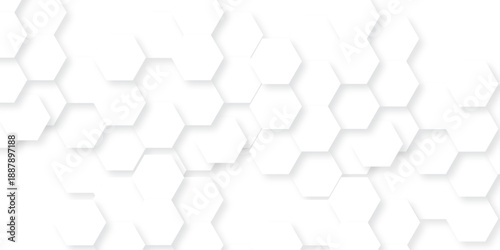 White Hexagonal Background. Luxury White Pattern. Futuristic honeycomb mosaic white background. Abstract embossed hexagon. Surface polygon pattern with glowing hexagon paper texture.
