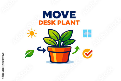 Colorful office desk plant care instructions with growth symbols