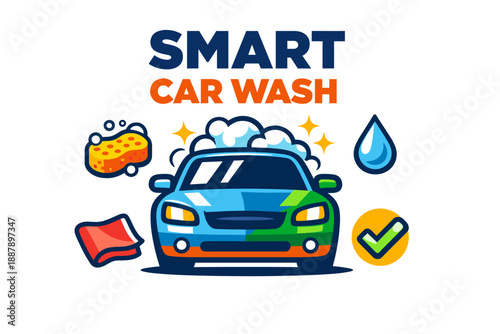 Colorful smart car wash illustration with sponge and bubbles