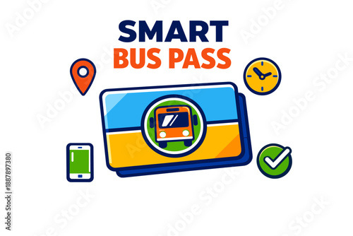 Smart bus pass concept with digital elements and icons