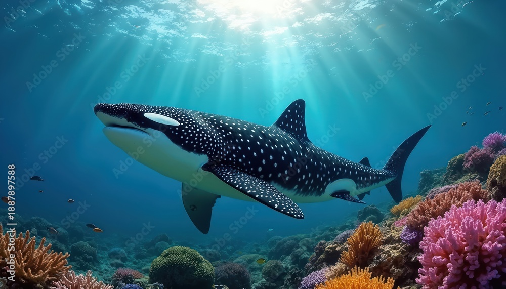 Obraz premium Large whale swims near colorful coral reef. Sun rays penetrate blue ocean water. Small fish swim around marine creature. Underwater nature scene.
