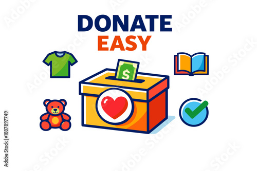 Donation box with money, clothes, books, toys, and checkmark symbol