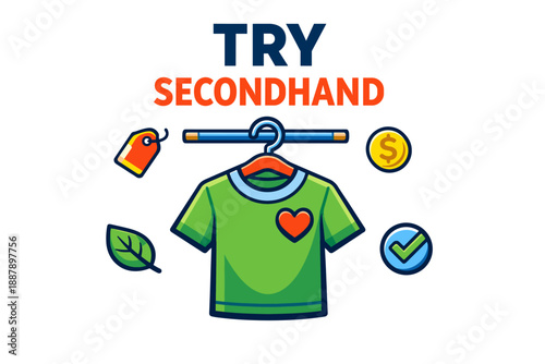 Try secondhand: promoting sustainable fashion with green heart shirt and eco symbols