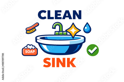 Clean sink with soap and brush icons for hygiene and maintenance