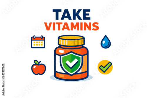 Colorful vitamin illustration with supplement bottle, apple, calendar, water drop, check mark