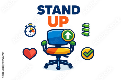 Ergonomic office chair with health benefits and stand-up reminder icon art