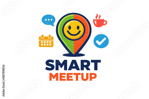 Bright smart meetup logo with smiley pin and digital elements