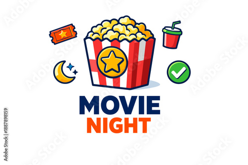 Colorful movie night illustration with popcorn, ticket, and drink icons