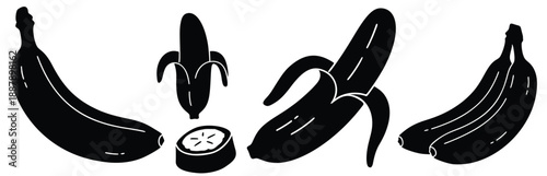 Banana Variety in Silhouette: A minimalistic portrayal of a banana in varying stages - whole, peeled, sliced, offering a graphic illustration of this popular fruit.