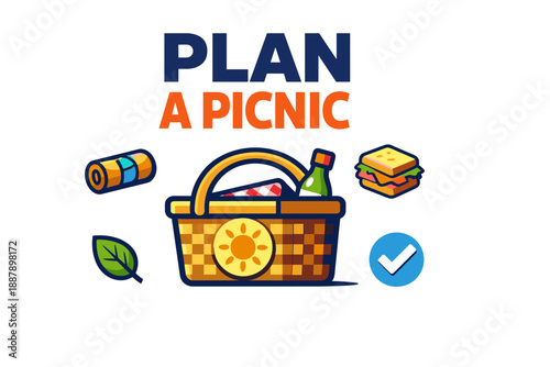 Picnic essentials: basket, blanket, and sandwich with sun icon design
