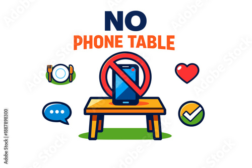 No phone at table sign with digital illustrations of heart, checkmark, and chat bubble