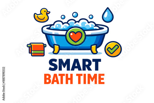 Smart bath time essentials: tub, duck, towel, water, bubbles