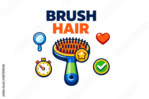 Colorful hairbrush icon with timer, checkmark, magnifying glass, and heart