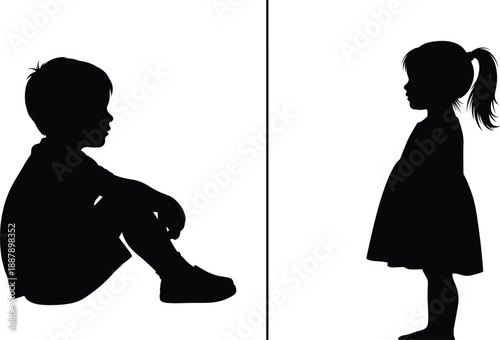 Young Boy and Girl Silhouette Set with Sitting and Standing Child Profiles for Childhood and Parenting Concept Vector Illustration
