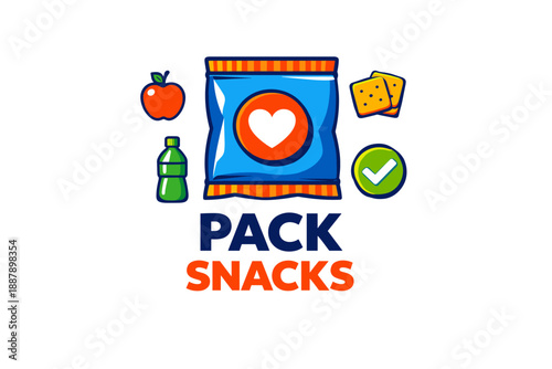 Colorful snack pack illustration with apple, crackers, and bottle